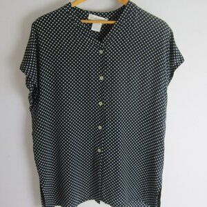 Jones New York Womens 10 Navy Blue Polka Dot SS Silk Blouse V Neck Shirt Top M